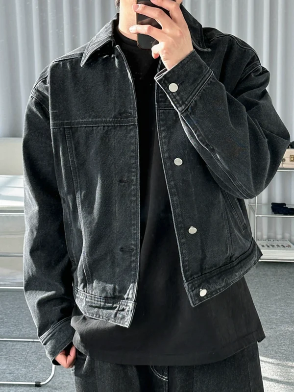 MRCYC Vintage Wash Denim Jacket Men's Distressed Loose Crop Top Korean Trend Roll-Lapel Cargo Jacket