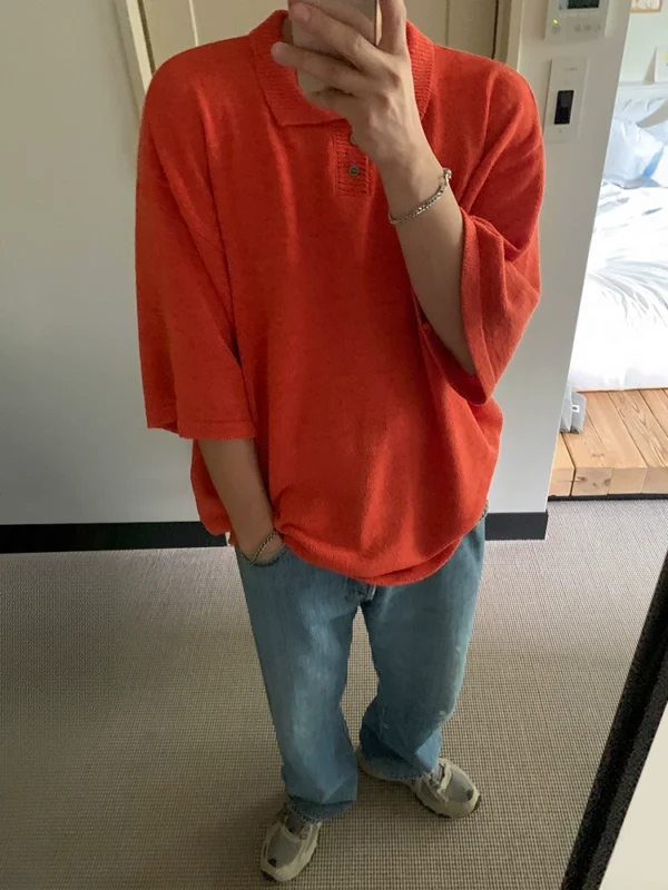 MRCYC Summer Thin Short Sleeve SweaterMen's Loose Knit Polo Shirt T-ShirtKorean TrendSolid Color Half-Sleeved Top