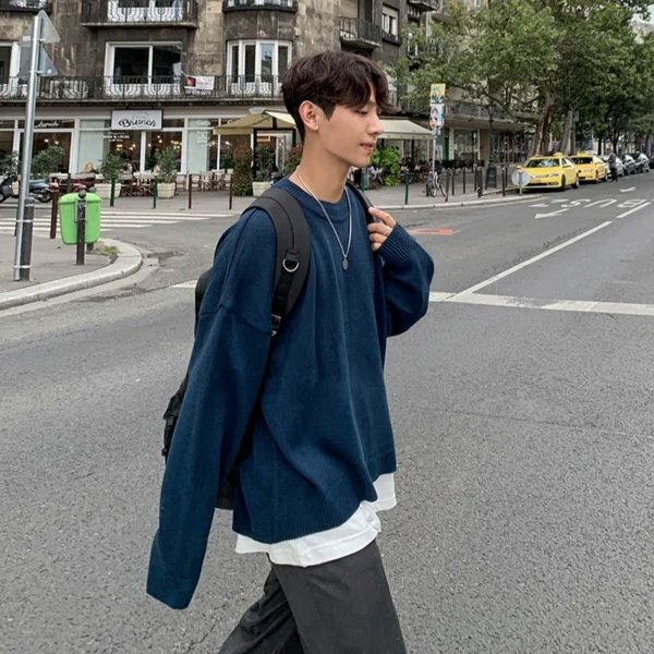 MRCYC Korean sweater men's trendy fall and winter loose crew neck solid color pullover knit thickened casual linen jacket