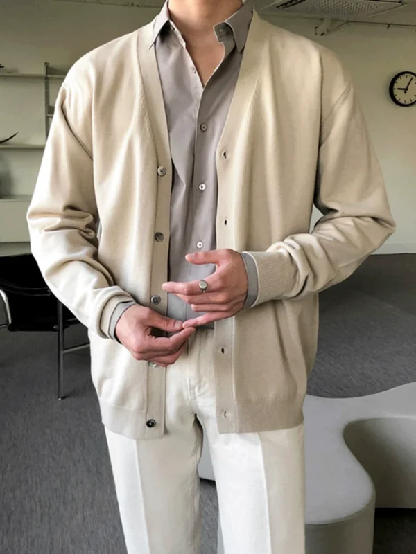 MRCYC Cardigan Sweater Men's Spring and Autumn Loose Korean Trend Solid Color Thread Thin V-Neck Knit Sweater Jacket