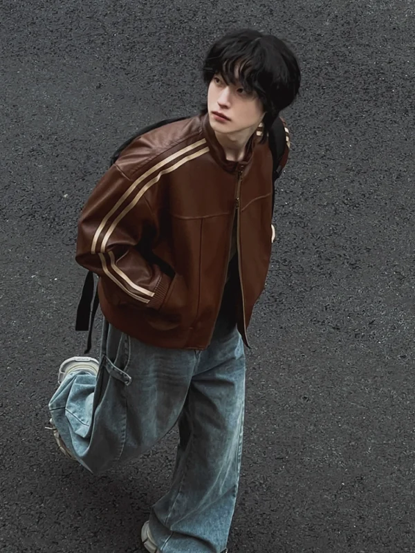 MRCYC Maillard Leather Jacket Men's Autumn Loose Stand-Neck Top Korean Trend Biker Leather Jacket