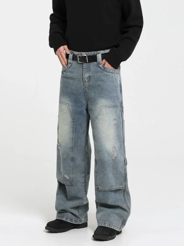 MRCYC vintage style distressed ripped jeans men's fall and winter loose wide-leg straight pants Korean commuter wear