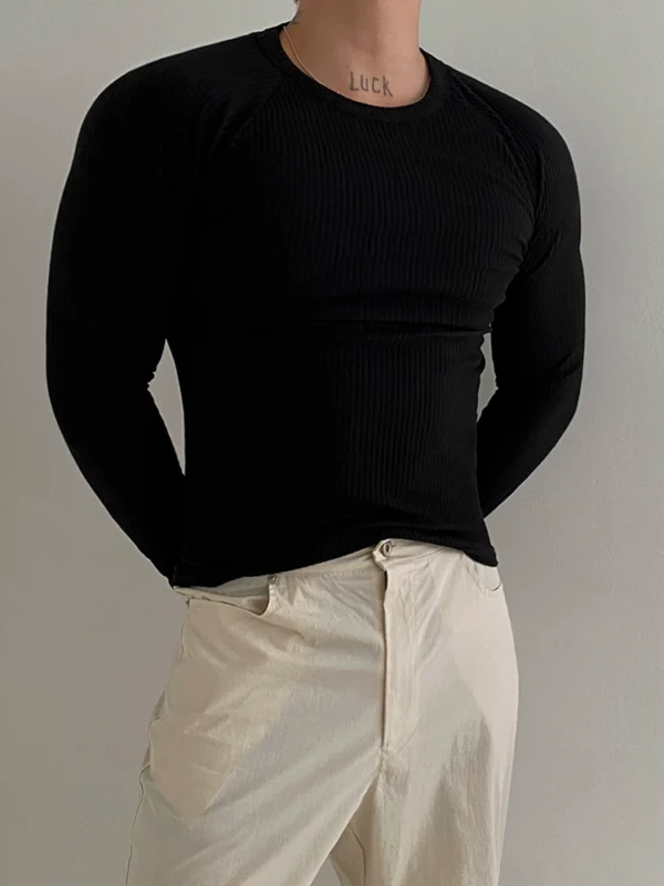 MRCYC Simple Slim Long Sleeve T-Shirt Men's Spring Solid Color Crew Neck Base Jacket Korean Trendy Sports Fitness Top