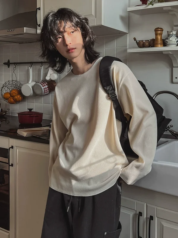 MRCYC Lazy Style Waffle Long Sleeve T-Shirt Men's Autumn Solid Color Simple Crew Neck Base Shirt Korean Commuter Outfit