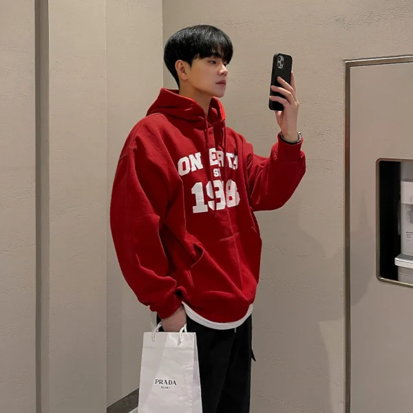 MRCYC Handsome Print Hooded Sweatshirt Men's Spring Natal Year Red Top Korean Trend Pullover Jacket