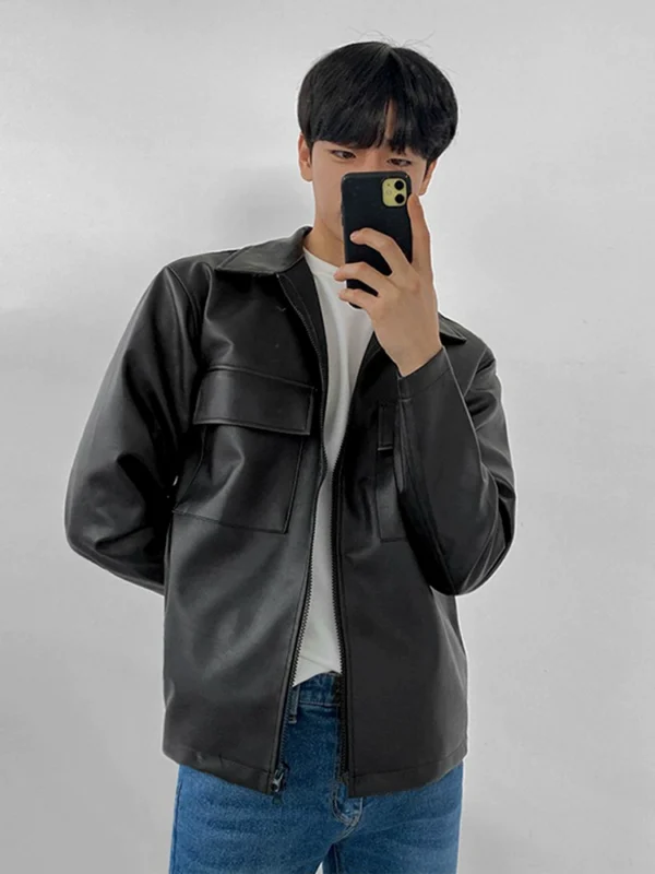 MRCYC Men's Leather Jacket Spring Loose Ins Versatile Top Korean Trend Handsome Vintage Lapel Jacket