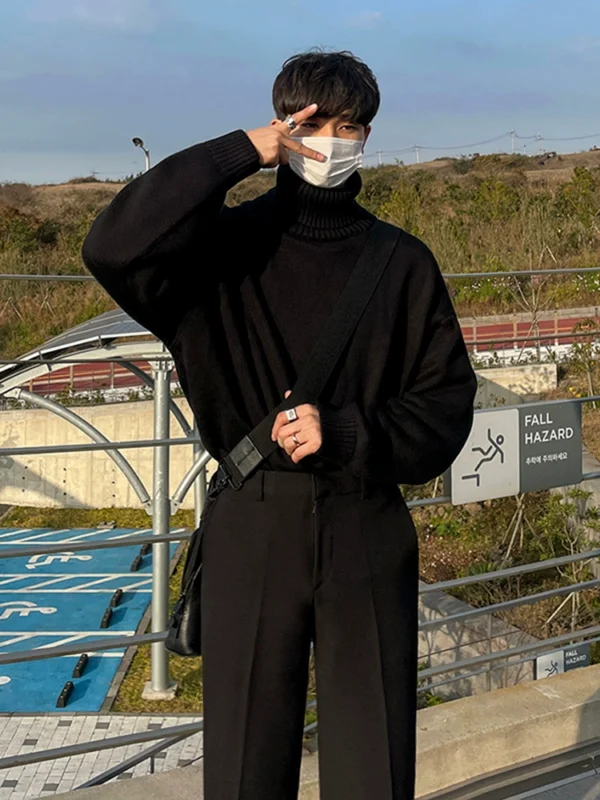 MRCYC Turtleneck Sweater Men's Winter Korean Loose Trend Thickened Solid Color Long Sleeve Knit Thread Base Shirt