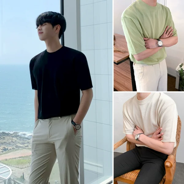 MRCYC Summer Short Sleeve T-Shirt Men's Korean Slim Crew Neck Solid Color Knit T-shirt Versatile Trend Half-Sleeved T-Shirt