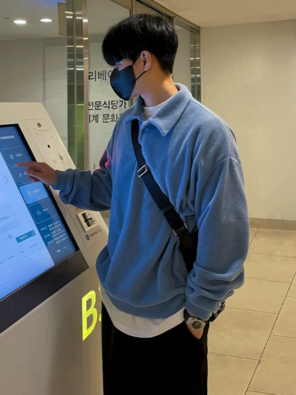 MRCYC Autumn and Winter Thickened Lapel Sweatshirt Men's Korean Trend Loose Long Sleeve Polo Shirt Solid Color Versatile Jacket