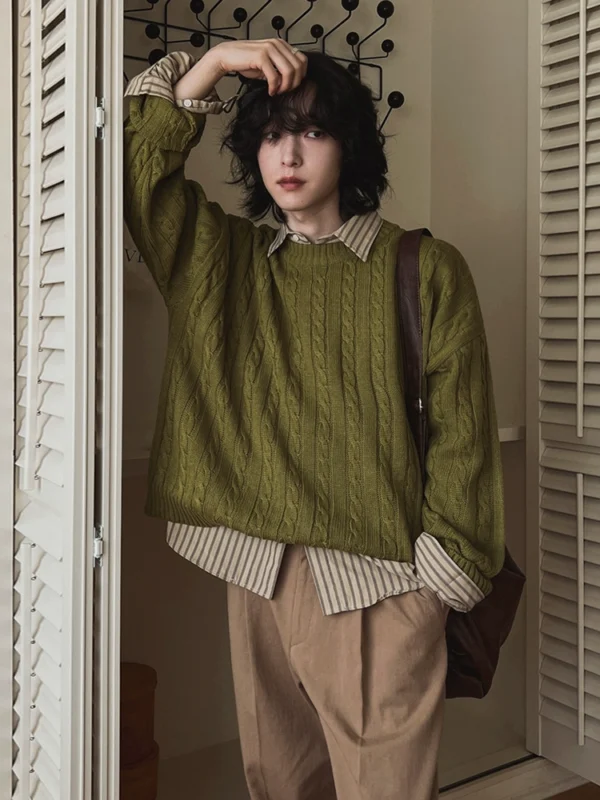 MRCYC vintage style twist crew neck sweater men's fall loose casual knit Korean commuter versatile top