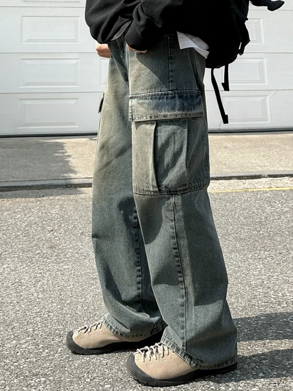 MRCYC vintage style distressed cargo jeans men's autumn loose wide-leg trousers Korean commuter straight-leg pants