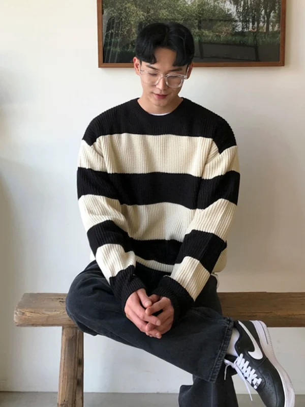MRCYC striped crew neck knit sweater men's autumn and winter loose lazy style sweater Korean loose thread jacket trend