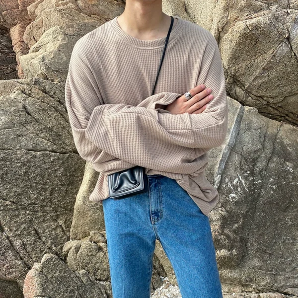 MRCYC Waffle Long Sleeve T-Shirt Spring and Autumn Korean Trend ins Crew Neck Loose Sweatshirt Undershirt Men