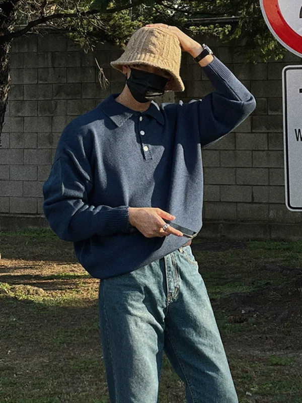 MRCYC knitted polo shirt men's autumn Korean loose sense of luxury casual solid color lapel long sleeve sweater jacket