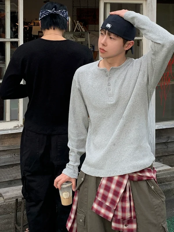 MRCYC Waffle Henry Collar Long Sleeve T-Shirt Men's Autumn Slim Versatile Base Jacket Korean Old Money Style Outfit
