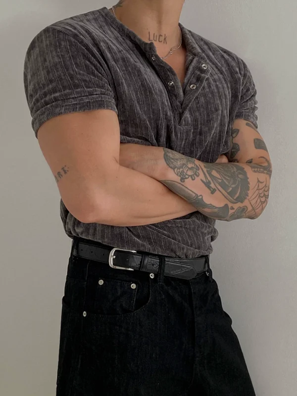 MRCYC design sense henley collar short sleeve T-shirt men's summer slim thin shirt Korean high-end commuting wear